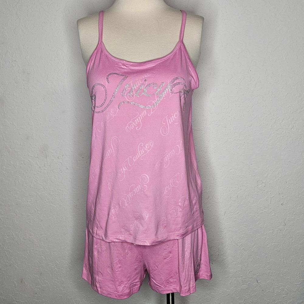 Juicy Couture Womens 3pc Pajama Set Pink Robe Cami Shorts Rhinestone Logo M NEW - Picture 7 of 9